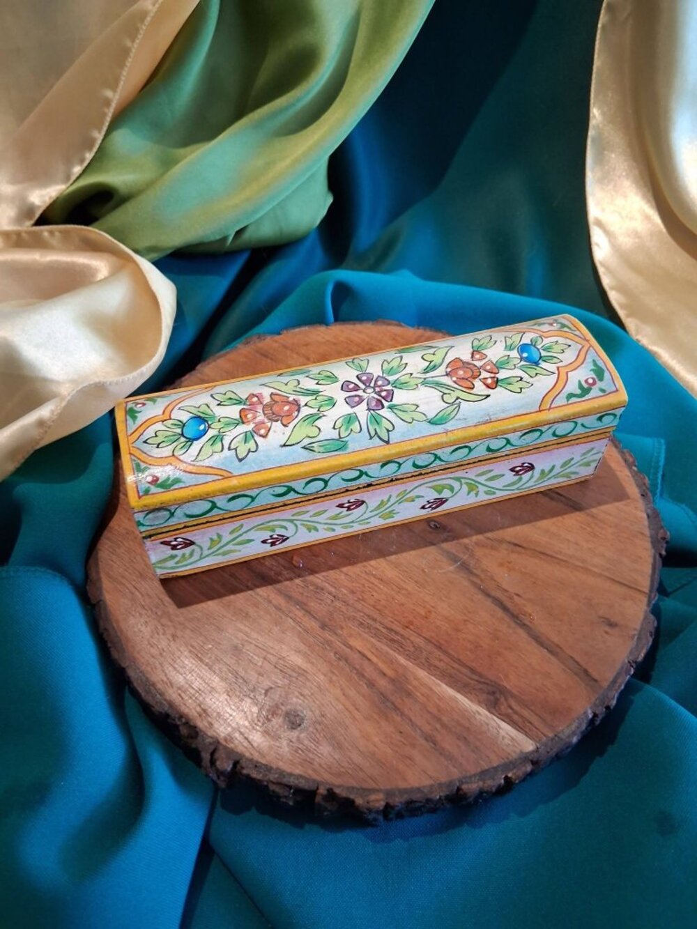 Bohemian Hand-Painted Wooden Trinket / Jewelry Box with Floral Scrollwork